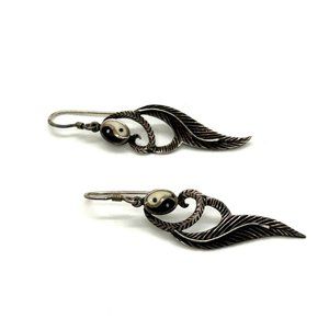 Sterling Silver Yin Yang  Earrings  Vintage DangleEnamel Leaf Design 2.75 inches